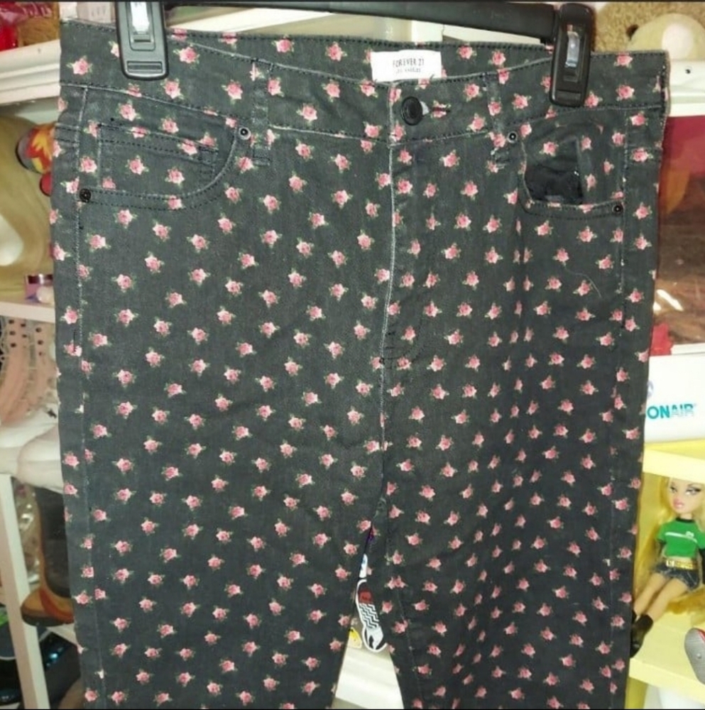 Red floral print on black high waist skinny jeans